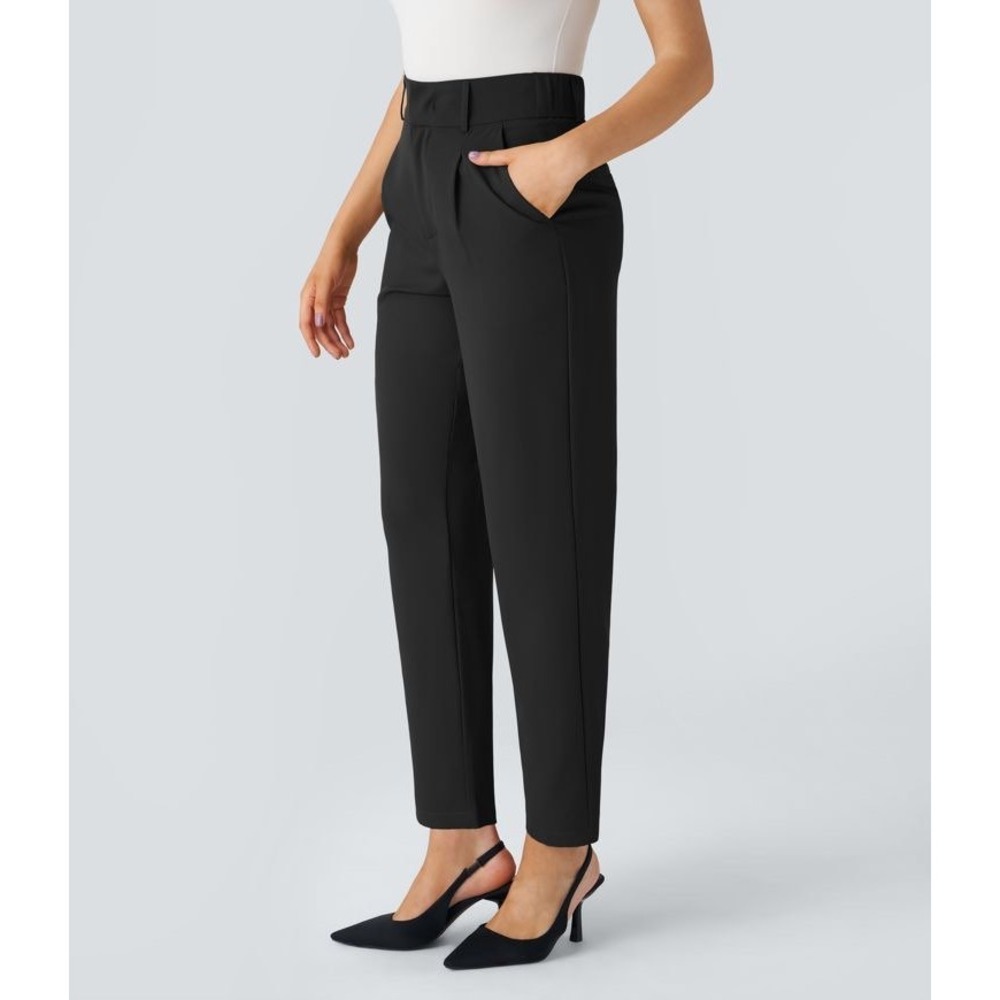 Halara Flex High Waisted Pocket Solid Work Tapered Pants Black Large Petite